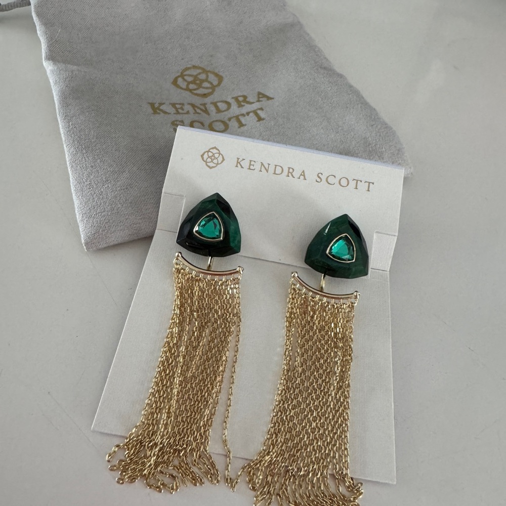 Kendra Scott Arden tassel statement earrings emerald and gold